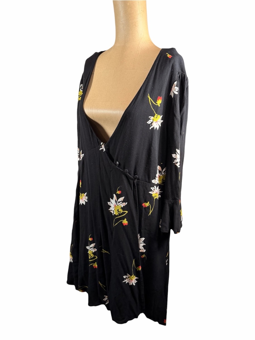FREE PEOPLE Black Floral Print Wrap Mini Dress